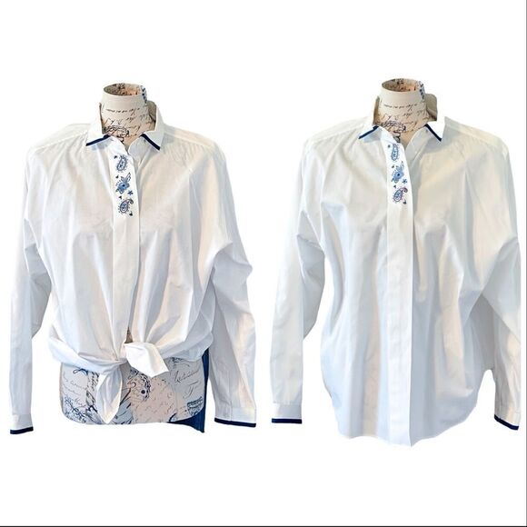 𝅺COTTAGE Core White Blouse with Blue Embroidery - Picture 6 of 8